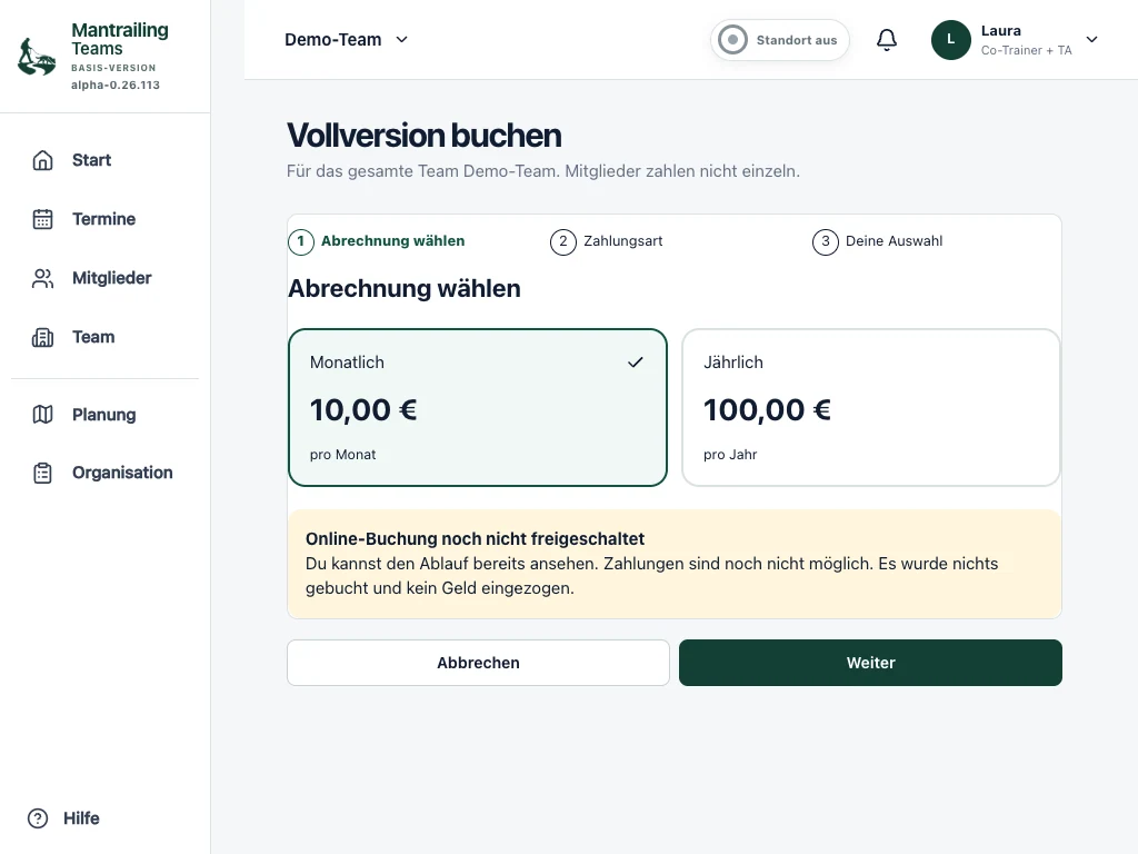 Buchungsvorschau mit dem sichtbaren Hinweis zum noch nicht freigeschalteten Abschluss.