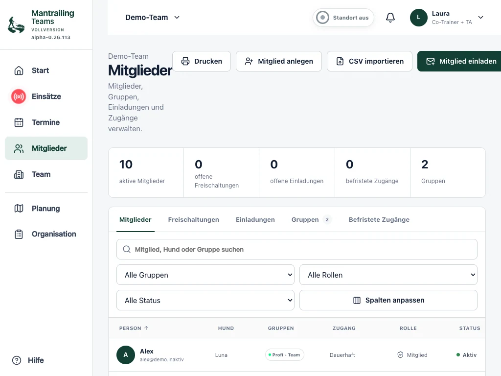 Mitgliederübersicht mit Filtern für Gruppen, Rollen und Zugangsstatus.