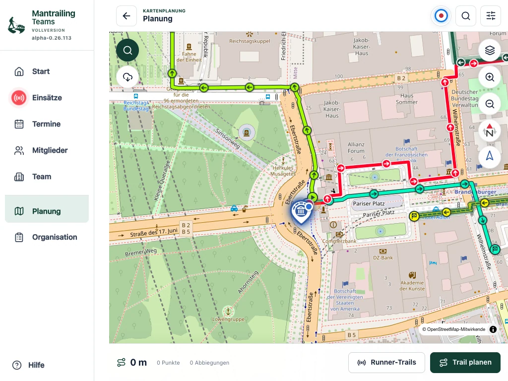 Planung mit Locationauswahl und gespeicherten Trails.