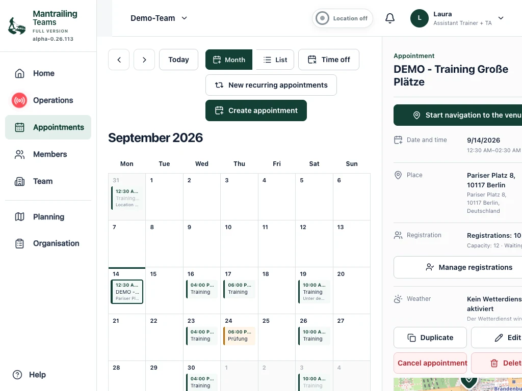 Calendar and list views with actions to create appointments.