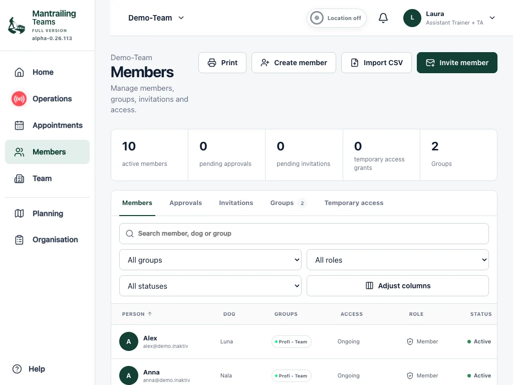 Members with filters for groups, roles and access status.