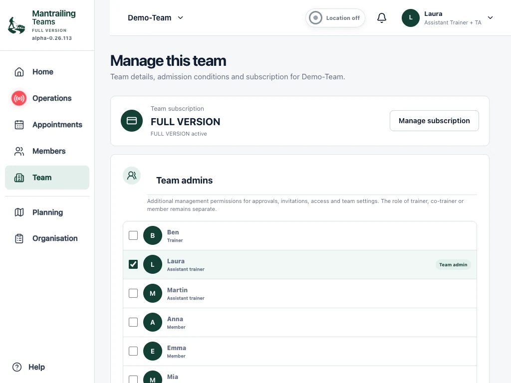 Team settings with administration, subscription and examination rules.